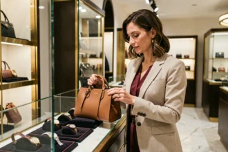 Femme élégante inspectant un sac à main de luxe dans une boutique haut de gamme avec des vitrines en verre et des accessoires premium