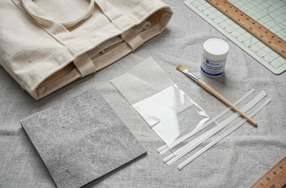 Vue à plat des matériaux nécessaires pour rigidifier un sac : semelle, thermocollant, baleines et colle textile sur fond lin gris