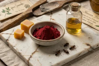 Ingrédients naturels de fabrication du rouge à lèvres : cire d'abeille, pigment carmin et huile de ricin sur marbre