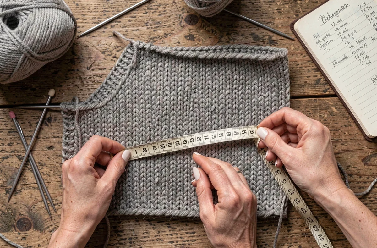 Mains mesurant la largeur d'une écharpe tricotée à plat sur une table en bois avec un mètre ruban, montrant la largeur standard d'une écharpe faite main