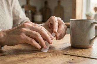 Femme mesurant sa taille de bague à la maison en enroulant une bande de papier autour de son doigt sur une table en bois
