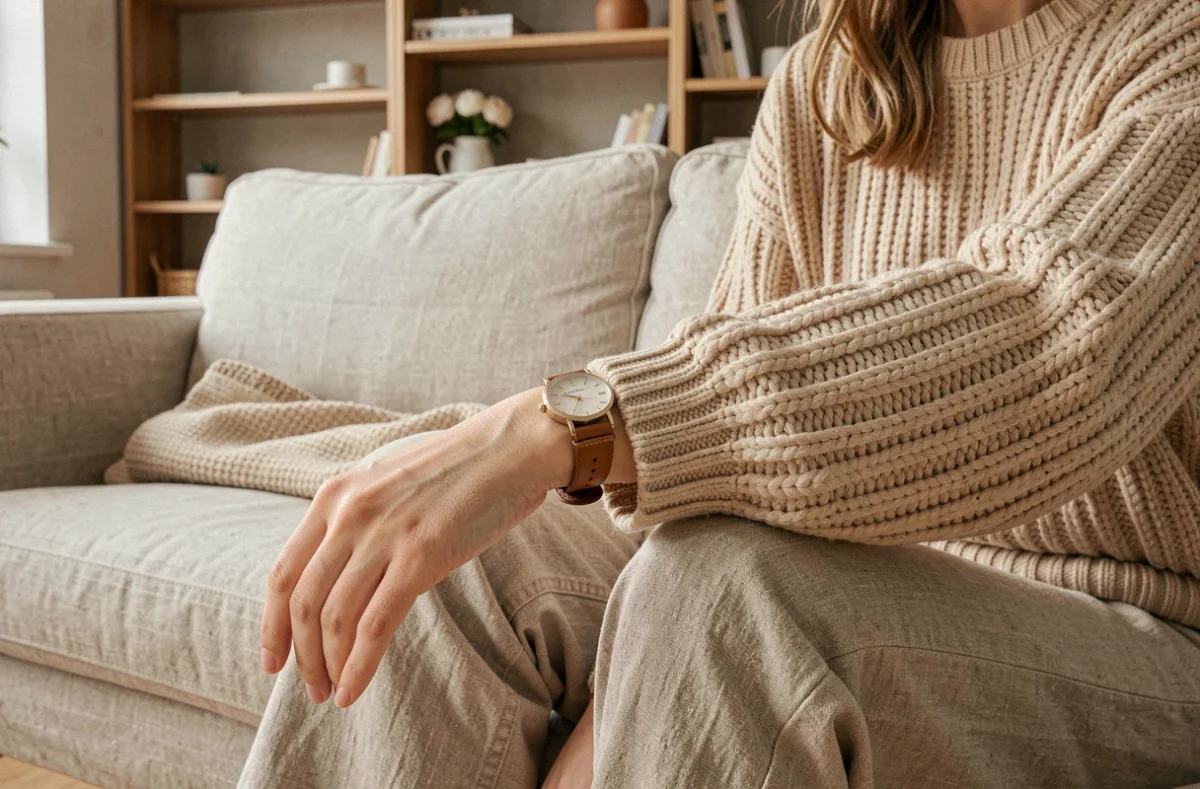 Montre femme à bracelet en cuir portée sur un pull en maille dans un intérieur cosy scandinave
