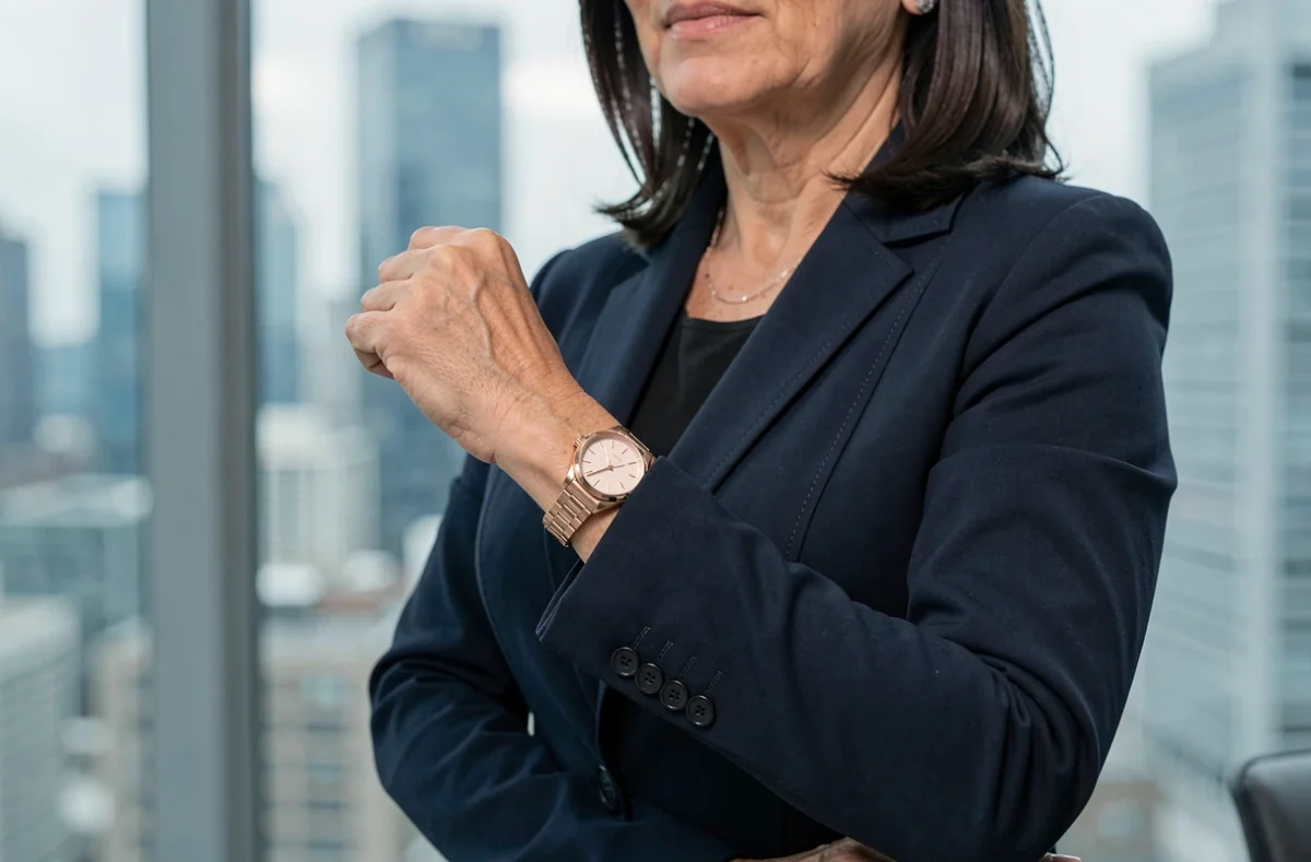 Femme en blazer marine portant une montre en or rose au poignet droit dans un cadre professionnel