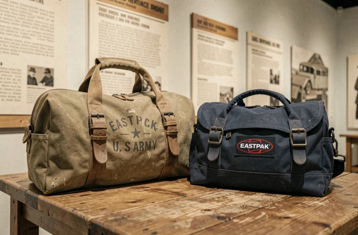 Sac militaire américain vintage et sac Eastpak navy posés sur une table en bois dans un musée du patrimoine