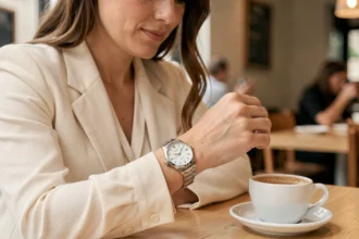 Femme portant une montre classique au poignet gauche dans un café parisien