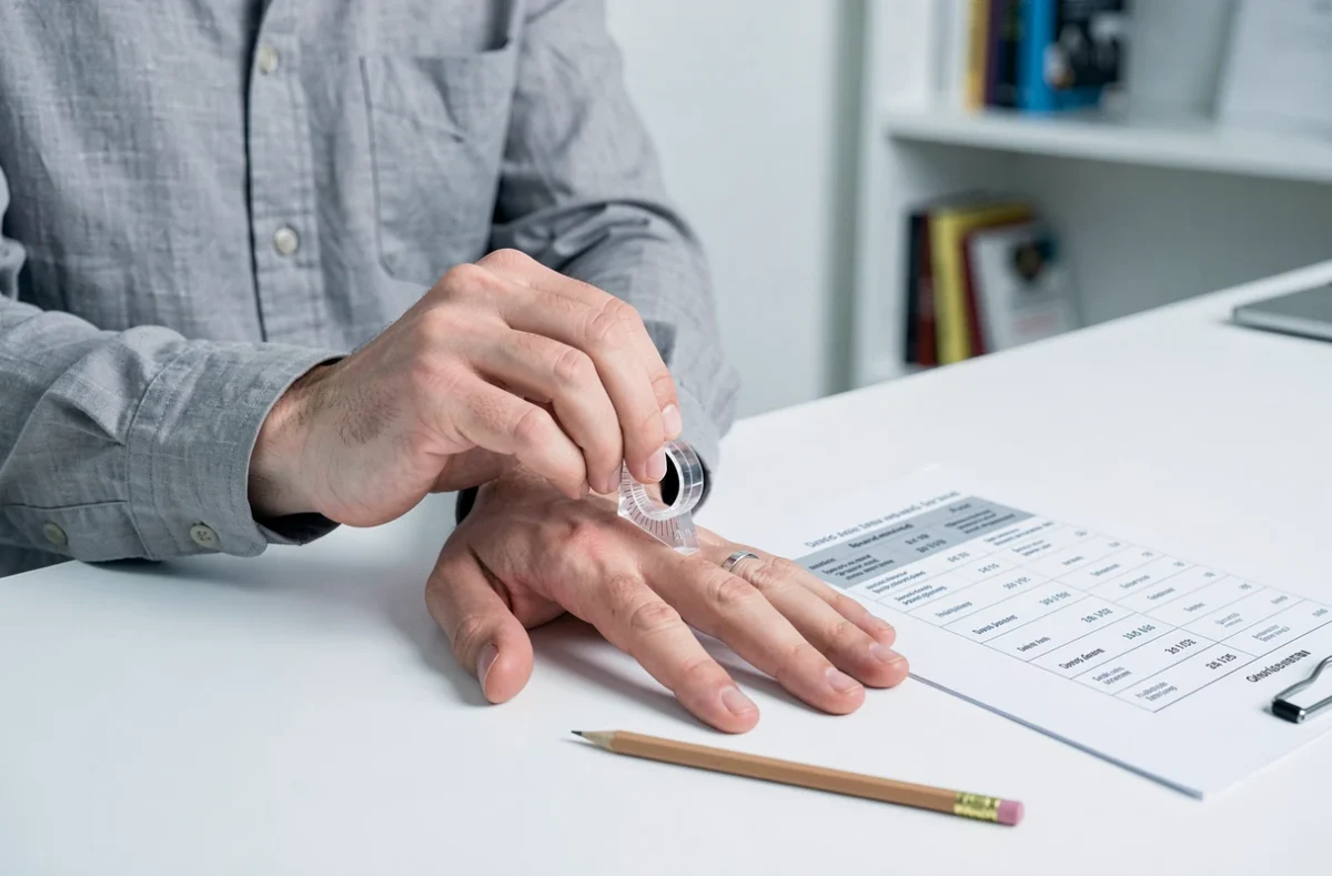 Homme utilisant un outil de mesure de taille de bague transparent sur son doigt posé à plat sur un bureau blanc