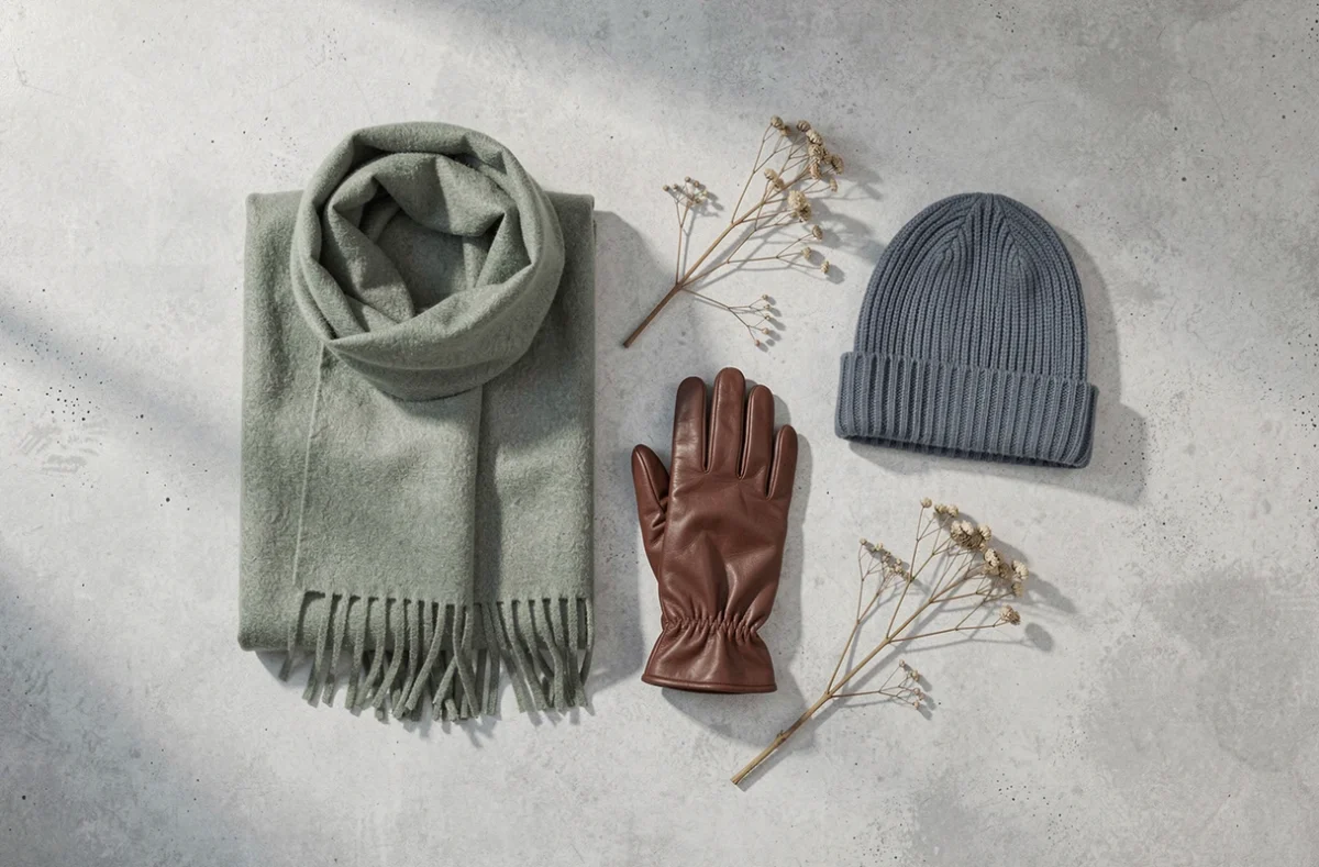 Flat lay d'accessoires d'hiver aux couleurs tendance 2026 : vert sauge, bleu ardoise et marron glacé sur béton pâle