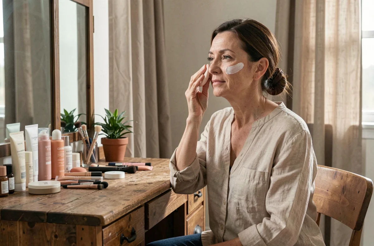 Femme mature appliquant un primer crème sur son visage devant sa coiffeuse en bois
