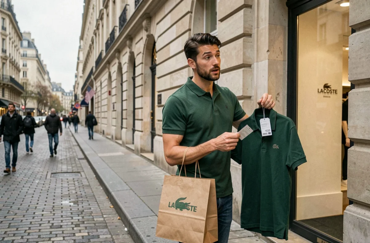 Homme consultant le prix d'un polo Lacoste devant une boutique sur un boulevard parisien