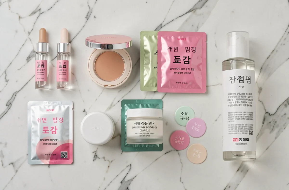Flat lay de produits de soins coréens incluant ampoules, masques en feuille et crème hydratante sur une surface en marbre blanc