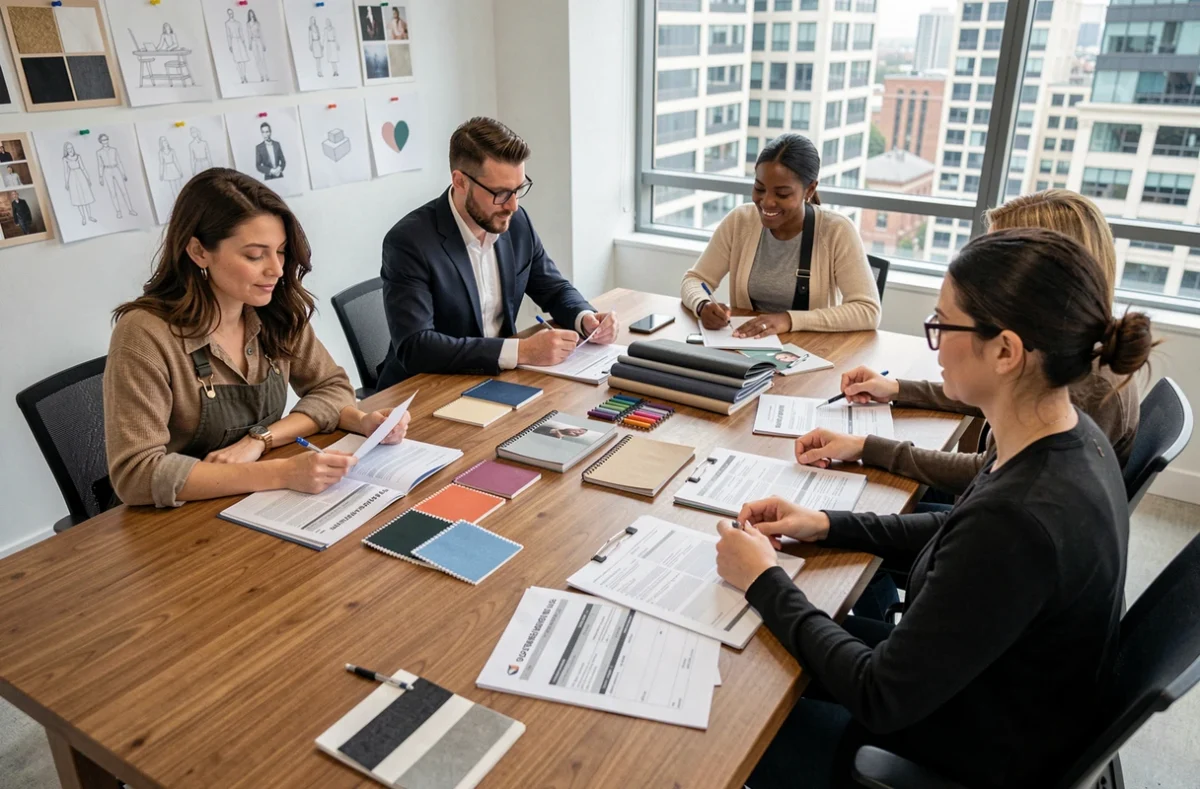 Équipe de production de défilé de mode en réunion autour de budgets, échantillons de tissus et feuilles de calcul dans un bureau créatif moderne