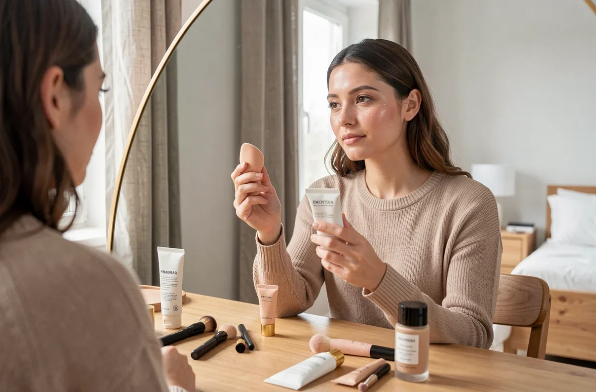 Jeune femme hésitant entre primer et fond de teint hydratant devant son miroir de coiffeuse