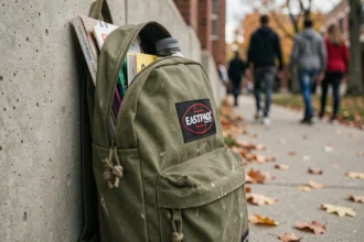 Sac à dos Eastpak vert olive usé appuyé contre un mur en béton de campus universitaire, logo visible