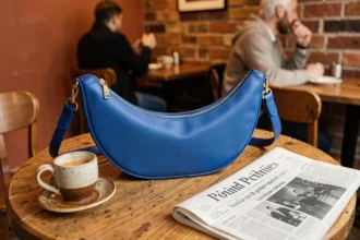 Sac banane bleu cobalt posé sur une table de café parisien avec un espresso et un journal