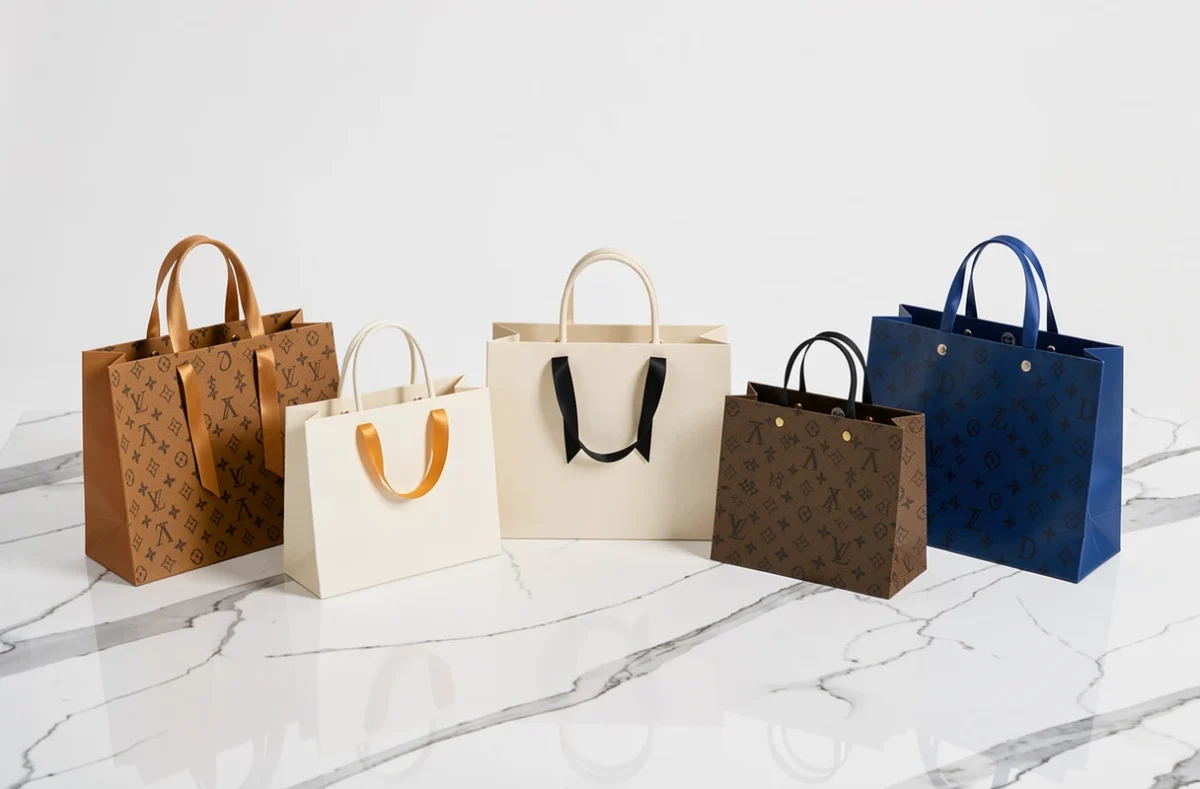 Rangée de sacs shopping de grandes marques de luxe sur un marbre blanc, comparaison des logos et matériaux haut de gamme