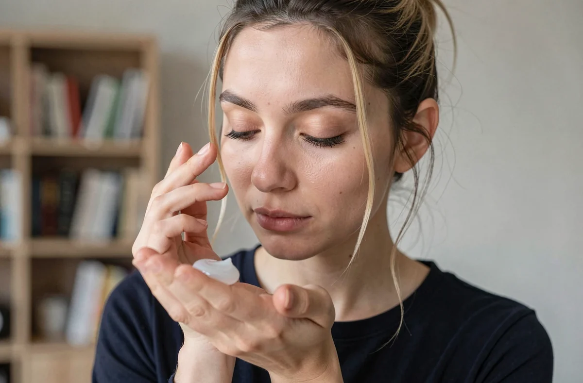 Gros plan d'une jeune femme appliquant un sérum crème sur son visage avant le maquillage
