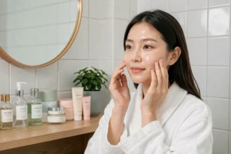 Femme coréenne appliquant une essence sérum sur sa peau dans une salle de bain minimaliste entourée de produits de soins coréens