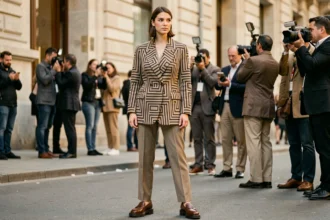 Femme élégante portant une tenue inspirée des tendances de célébrités devant un lieu de fashion week à Paris