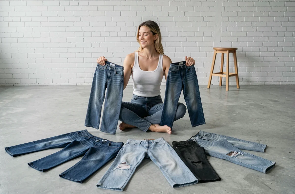 Jeune femme assise entourée de plusieurs jeans de coupes différentes étalés sur le sol, pour illustrer les différents styles de jeans à posséder