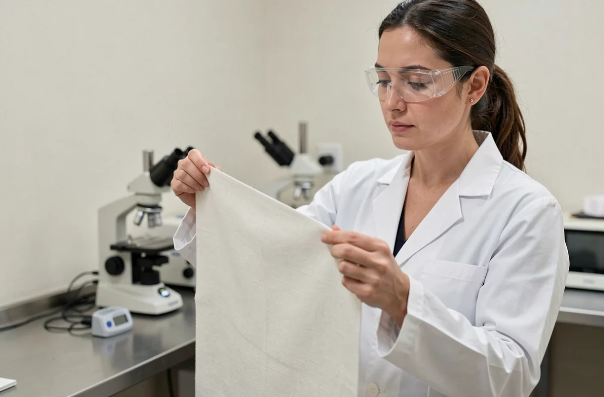 Technicienne textile examinant un tissu en rhovyl dans un laboratoire, illustration du contrôle qualité des fibres synthétiques à base de PVC