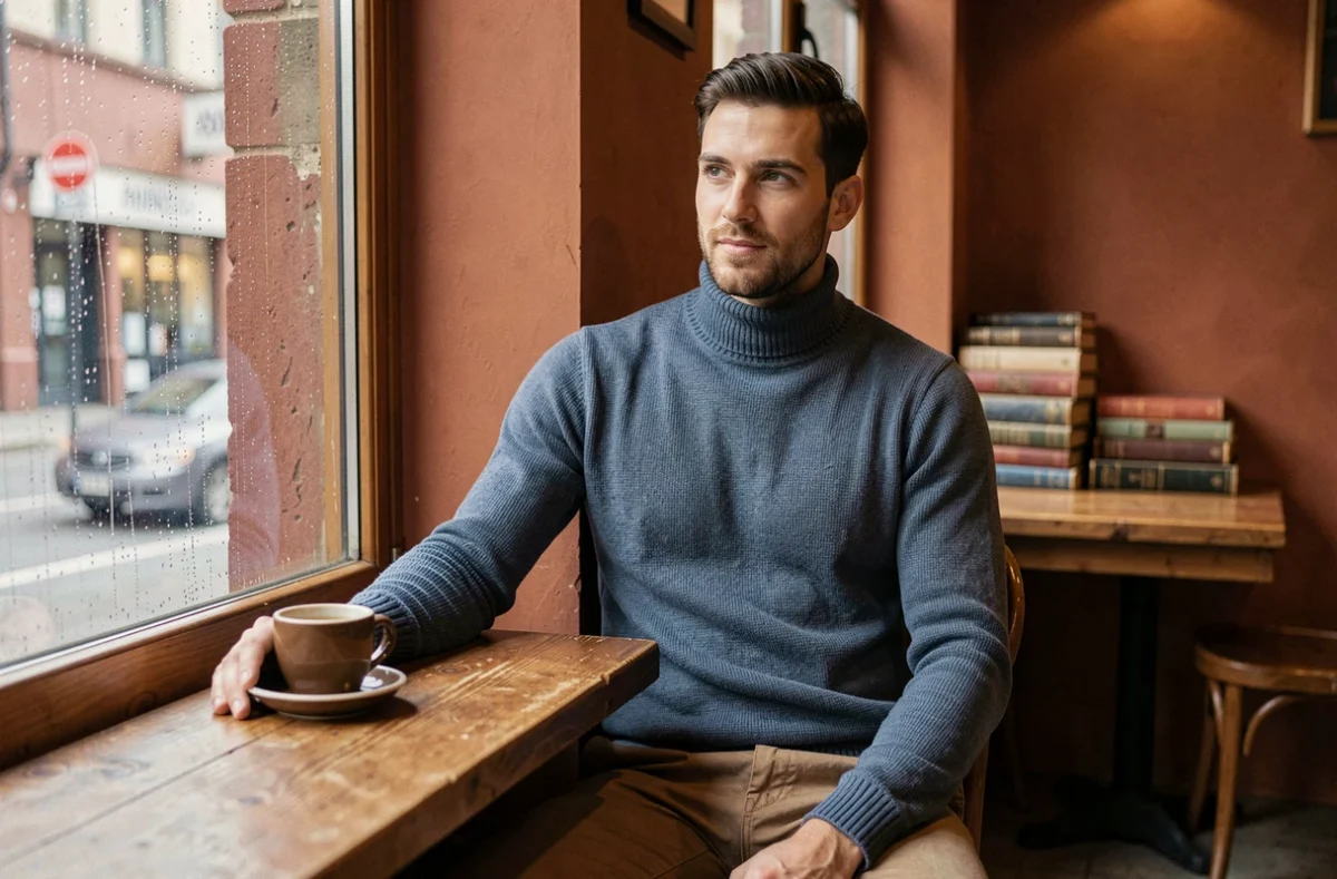 Homme en col roulé bleu ardoise dans un café en hiver, incarnant les couleurs et tendances mode de l'hiver 2026