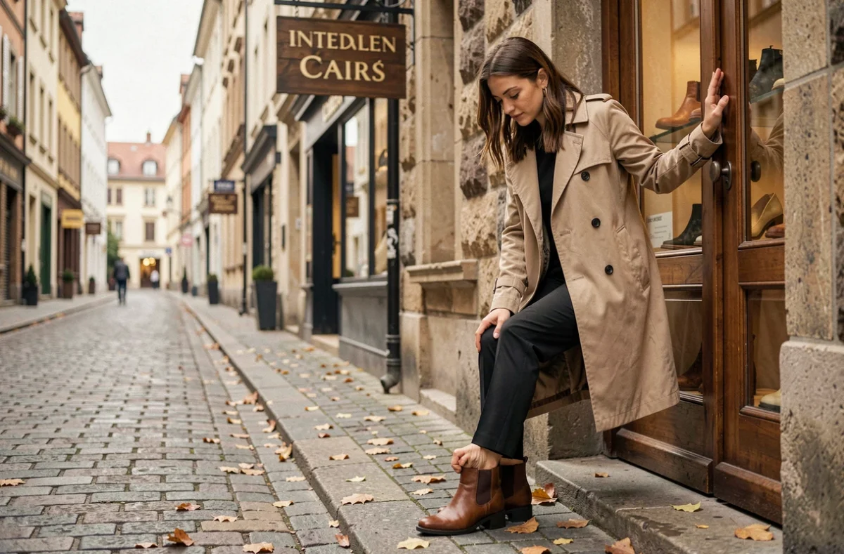 Femme testant le confort d'une bottine en cuir devant une boutique de chaussures en rue pavée