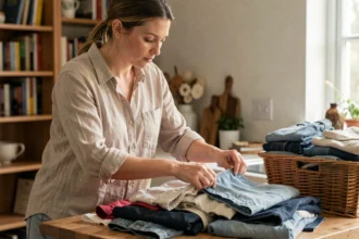Femme triant des vêtements seconde main sur une table en bois pour les vendre