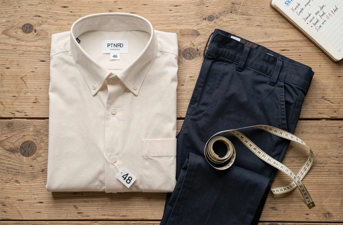 Plat posé de vêtements homme taille 46 et 48 avec mètre ruban et étiquettes de taille sur une table en bois